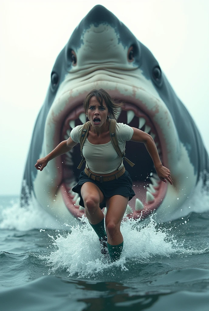 ((Highest quality)), ((photograph)), ((Sea surface)),  ((Run and escape)), (One person),  (Face of fear), (Women like bodybuilders), (Giant Jaws Storm), Off-white short-sleeved shirt with light brown vest、A muscular man with a bodybuilder-like build wearing a knee-length black skirt, dark green socks and black shoes.々Short-haired woman、A video of a man desperately swimming away from a large number of giant great white sharks.、Background is white、