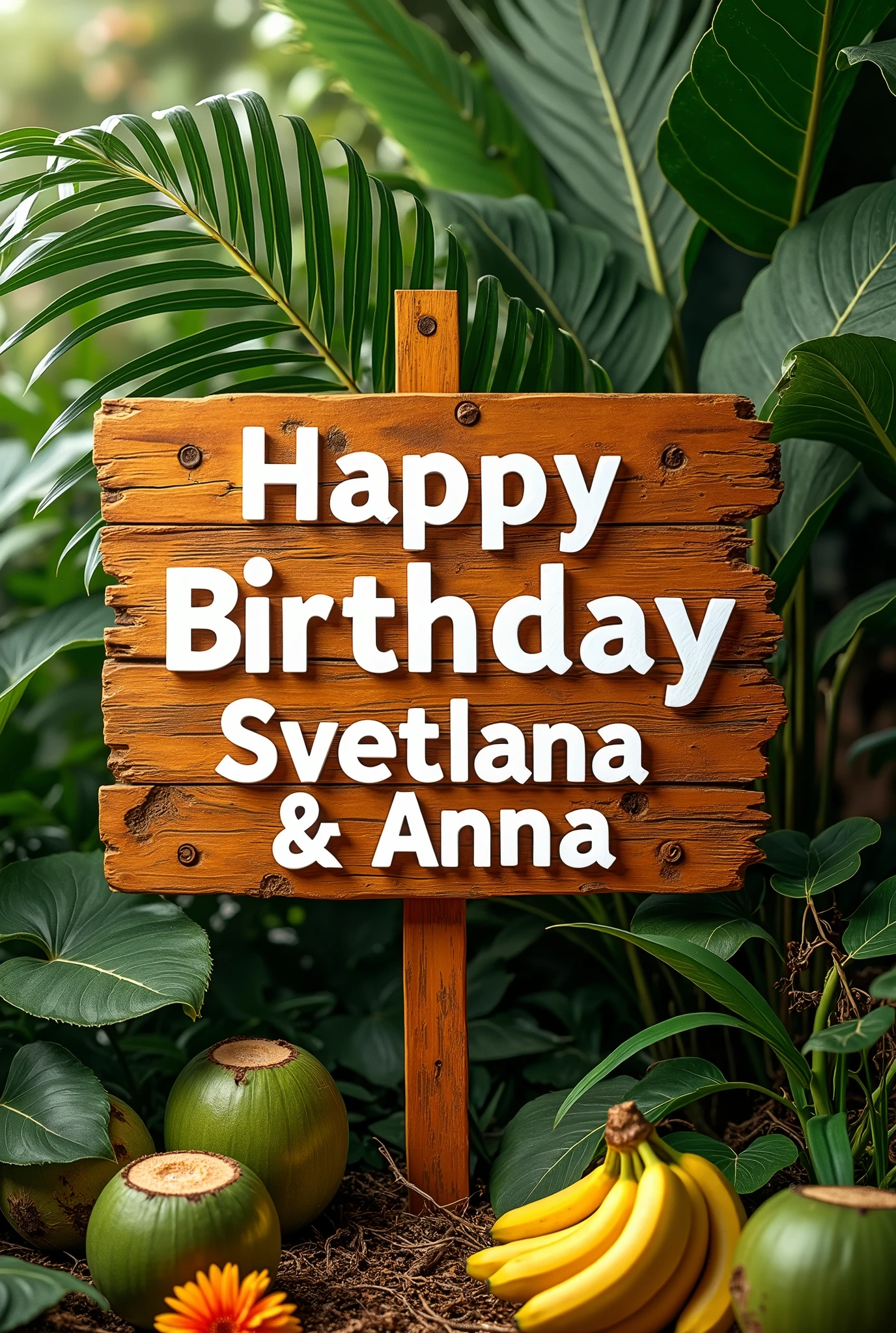 A breathtaking and inspiring photo of a wooden sign filled with bright colors and palm tree leaves. The sign features bold, uplifting phrases : “ Happy Birthday Svetlana & Anna”. Pampas branches, palm trees, coconuts and bananas adorn the sign, and each showcases its unique beauty. The warm wooden background accentuates the bright colors and typography of the sign, creating an atmosphere of hope and encouragement that resonates with viewers., bright, photo, typography