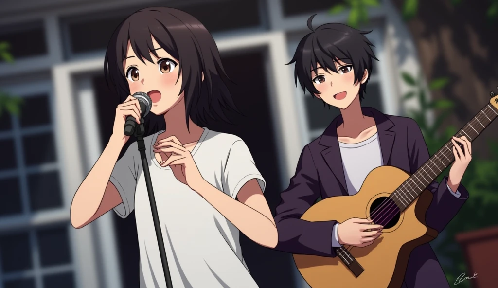 girl singing , boy playing on the guitar, realistic photo, no cartoon.