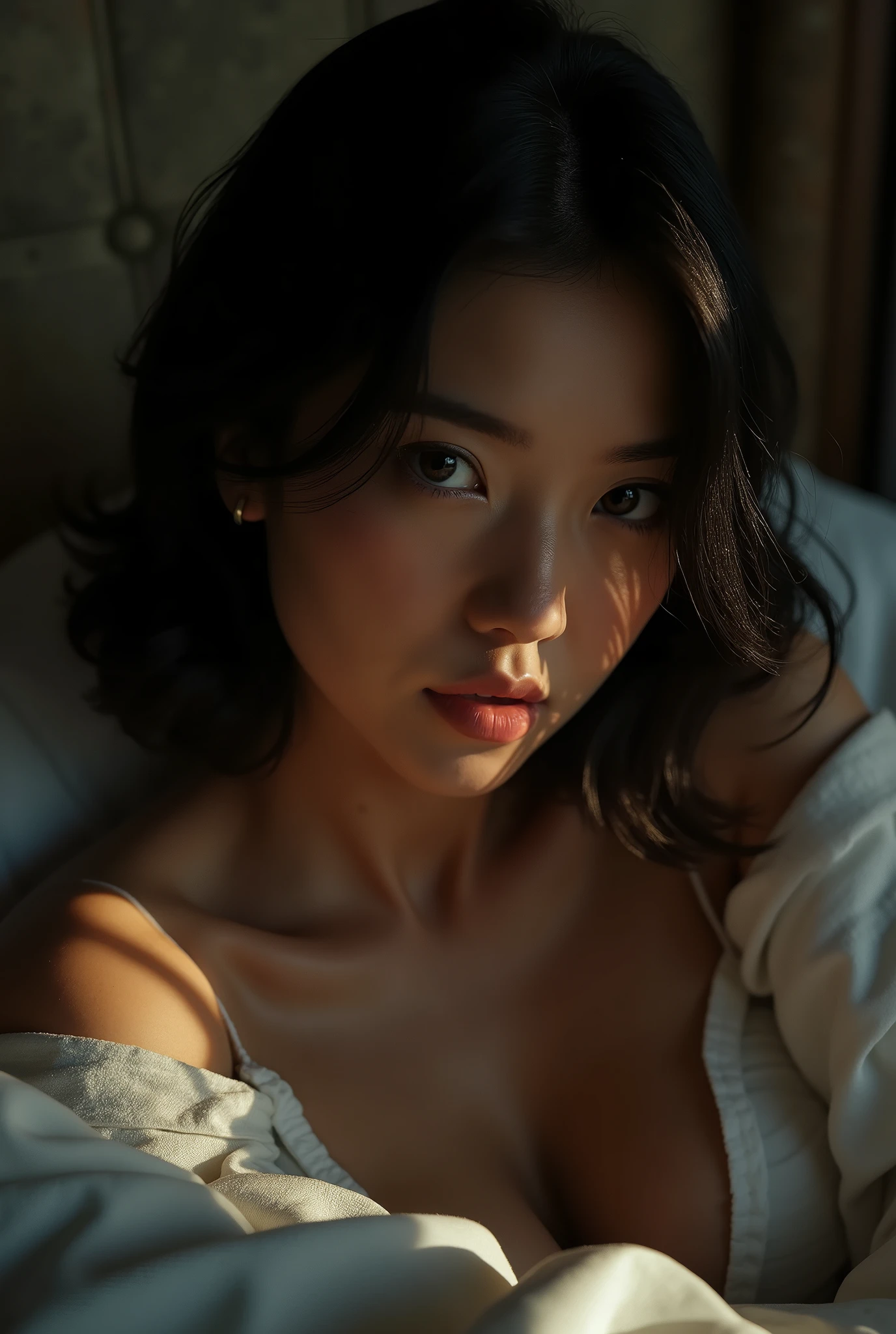 Beautiful stewardess with brown eyes and shoulder-length hair on a bed daring night photoshoot masterpiece of the highest quality 8k close-up of the face