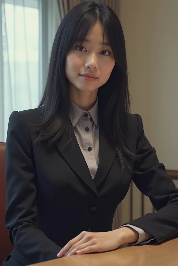High quality, 4K, Japanese mother in a ladies suit attending a PTA meeting, pure Japanese face, 5, beautiful legs, leather collar, multiple mothers talking naked and clothed, blue high heels, black hair with a little bit of gray, long straight hair down to the waist, muscular, small breasts, looking at the camera,