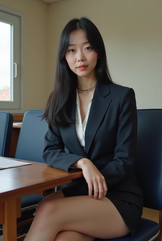 High quality, 4K, Japanese mother in a ladies suit attending a PTA meeting, pure Japanese face, 5, beautiful legs, leather collar, multiple mothers talking naked and clothed, blue high heels, black hair with a little bit of gray, long straight hair down to the waist, muscular, small breasts, looking at the camera,
