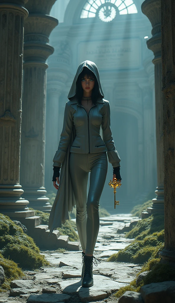 "A photo-realistic depiction of Eclipse standing in the ruins of an ancient temple. The temple is a place where time seems to have stopped, with crumbling pillars and moss-covered stones scattered around. In the background, a massive stone clock partially buried in the ground slowly ticks, its hands moving erratically, hinting at ancient, forgotten magic. Eclipse, with her jet-black hair partially hidden under a hood and wearing a sleek, light gray leather suit, cautiously walks forward. Her golden mechanical key glows faintly, reacting to the ancient inscriptions etched into the stone, symbolizing the memory she is desperately seeking. Her deep blue eyes, filled with determination and a sense of loss, survey the eerie and mystical surroundings as the chaotic nature of time is subtly portrayed in the dim lighting and swirling shadows."





