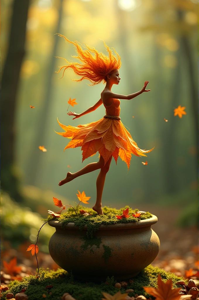 Title
A whimsical miniature figure composed of delicately arranged autumn leaves, poised in a carefree dance on the rim of a weathered, moss-covered terracotta pot, set against a lush, vibrant forest backdrop, where dappled sunlight filters through the canopy above, casting intricate shadows. The overall aesthetic is ethereal, with warm, earthy tones of sienna, umber, and olive green, infused with hints of emerald and golden light, evoking a sense of wonder and enchantment, as if plucked from a fantastical realm.