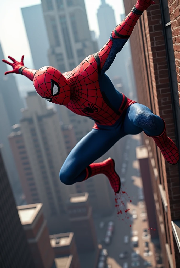 Spiderman falling at land with blood