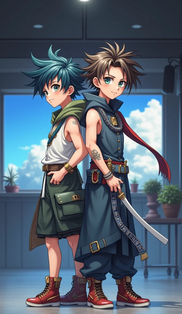 Anime image of 2 boy, with best hairstyle and fancy dress. Standing in normal studio position