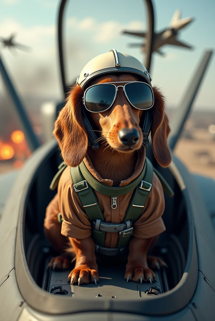 Dachshund Longhaired Brown、Boarding the cockpit of a landing F15 fighter jet、The canopy is open、The body of the fighter「JTt」it is written like this、Wearing sunglasses、Fighter pilot suit、He has a fighter pilot helmet、In the background An airfield in a hotly contested area where fighter planes are fighting