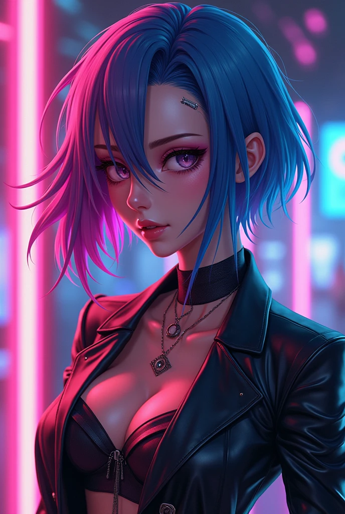 Image of Mina from Neon Dream with bright assymetrical hair not anime