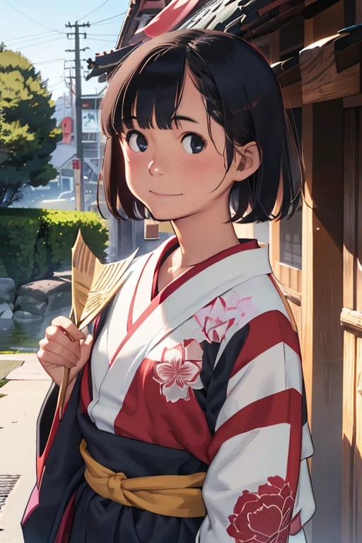 2People Girl、(Sisters)、Teenage Girls、Sparkling Eyes、Naive girl、shrine、summer night、Japan Summer Festival、stall、Lantern、(kimono、Girl in Yukata、A girl holding a fan)、shrineの境内を並んで歩いている、smile、Red cheeks、slender、Looking up、Tilt your head、short bobcut hair,(fullbody shot), flont view, front shot, looking at viewer, (detail hair, detail face, detail face)