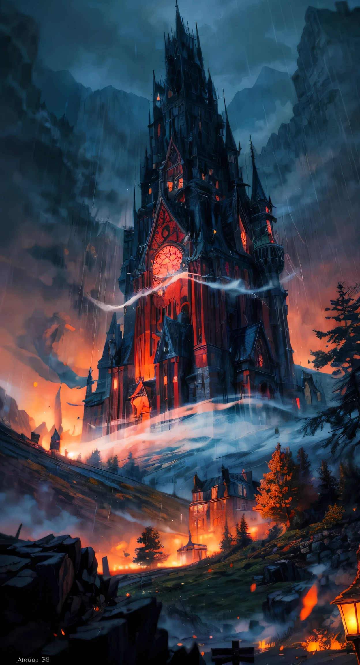 autumn, from below, lonely castle, rain, mountains, trees,  gigantism, bokeh, depth of field, scenery, blurry background, light particles, strong wind, cosy background, dark hue, warm color, Illustration, Character Design, Watercolor, Ink, oil, thematic background, ambient enviroment, epic, clearly, Acrylic