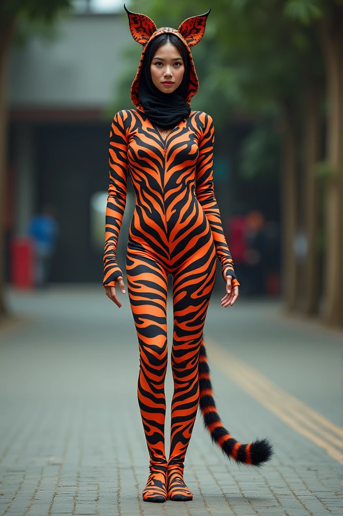 The beautiful,slender thin and clever Malaysian muslimah adult female girl with beautiful cheeks wears zebra margay animal print costume lycra turtleneck unitard catsuit covered with patterns and zebra+margay print lycra elastane stretchy dancewear hijab-like hood covered with patterns with ears.She has her long tail.