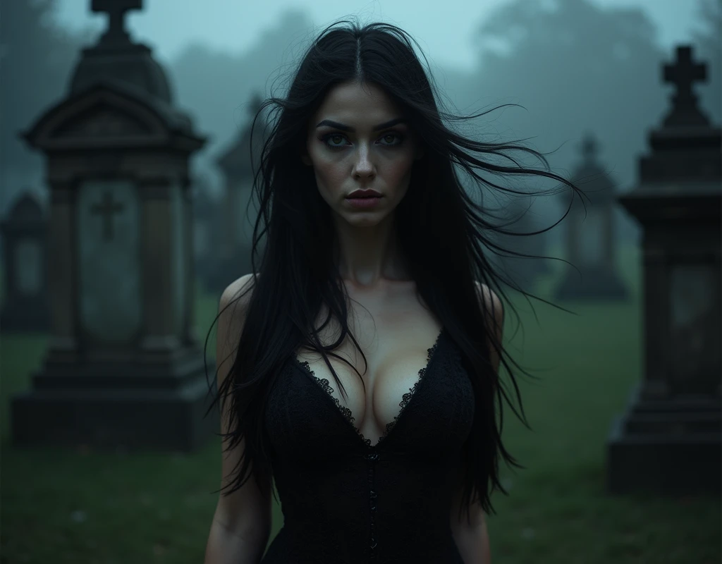 Front view, sexy witch, erotic photoshoot, posing in a cemetery, looking at viewer, gloomy light passing through hair, gloomy lighting, gothic style, witches' sabbath, ((dark night)), depth of field, bokeh