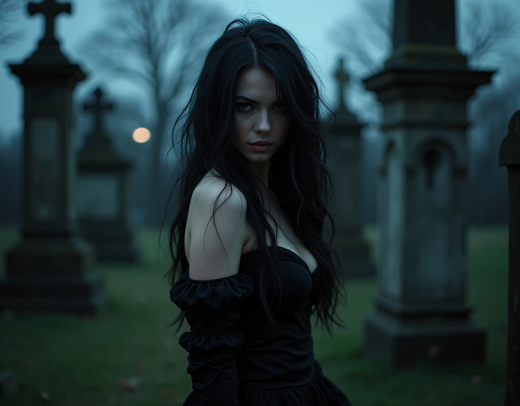 Front view, sexy witch, erotic photoshoot, posing in a cemetery, looking at viewer, gloomy light passing through hair, gloomy lighting, gothic style, witches' sabbath, ((dark night)), depth of field, bokeh