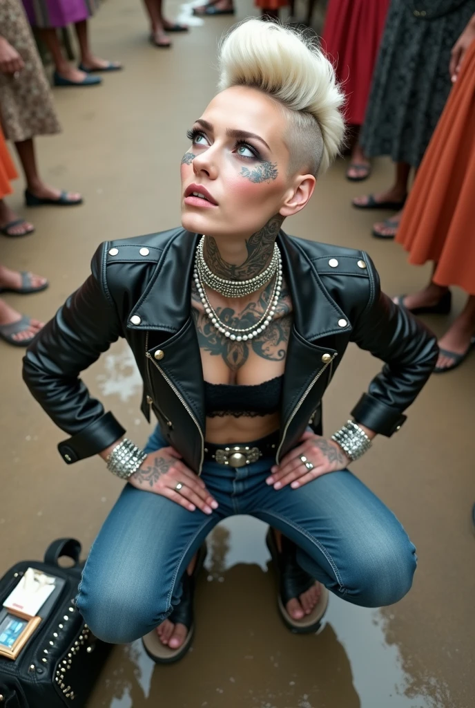 russian milf woman, grey hair (high pompadour, top bun), with very light blue eyes, extremely pale skin. All neck tattooed. Hands and forearms all tattooed. Wearing cropped aged black moto jacket with lots of zippers and pins, flipped up collar.. black lace push up bra. Dark blue skinny jeans.. flip flops. . Dirty knees, dirty feet and muddy hands. Squatting on a puddle with hands on her hips, looking up, chin up, stretching her neck , humble facial expression. Black nail polish. studded black leather tote bag with chain on the floor, next to her.. Listening with tilted head,looking up in amazement to somebody speaking to her from the sky, upper teeth visible. Well toned abdominals, thin neck, slim legs and thin arms. Narrow hips Cleavage, stomach, neck, and hands completely covered with tattoos. Dirt street in Kenyan village full of waste. Lots of silver bracelets, silver pendants, and big pearl collars and necklaces around all the neck. A lot of tanned fat women in traditional dresses around looking at her. next to her, all her belongings scattered on the floor: tobacco packs, makeup kit, little makeup mirror, studded black leather tote bag, lipstick, wallet, moble etc on the floor, point of view; from above