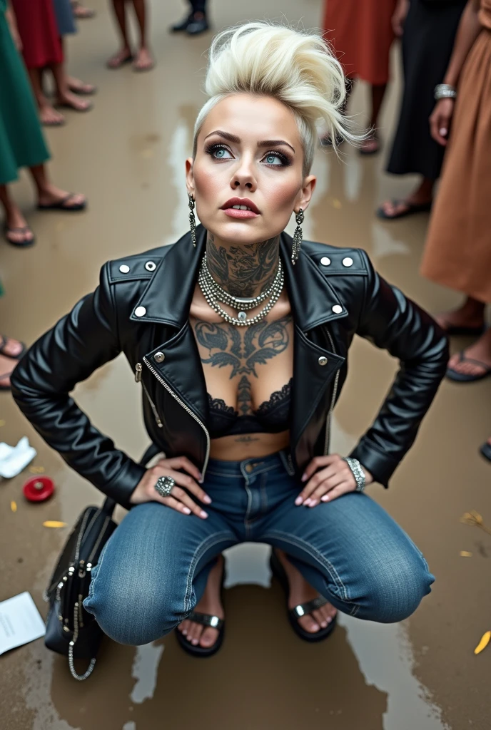 russian milf woman, grey hair (high pompadour, top bun), with very light blue eyes, extremely pale skin. All neck tattooed. Hands and forearms all tattooed. Wearing cropped aged black moto jacket with lots of zippers and pins, flipped up collar.. black lace push up bra. Dark blue skinny jeans.. flip flops. . Dirty knees, dirty feet and muddy hands. Squatting on a puddle with hands on her hips, looking up, chin up, stretching her neck , humble facial expression. Black nail polish. studded black leather tote bag with chain on the floor, next to her.. Listening with tilted head,looking up in amazement to somebody speaking to her from the sky, upper teeth visible. Well toned abdominals, thin neck, slim legs and thin arms. Narrow hips Cleavage, stomach, neck, and hands completely covered with tattoos. Dirt street in Kenyan village full of waste. Lots of silver bracelets, silver pendants, and big pearl collars and necklaces around all the neck. A lot of tanned fat women in traditional dresses around looking at her. next to her, all her belongings scattered on the floor: tobacco packs, makeup kit, little makeup mirror, studded black leather tote bag, lipstick, wallet, moble etc on the floor, point of view; from above