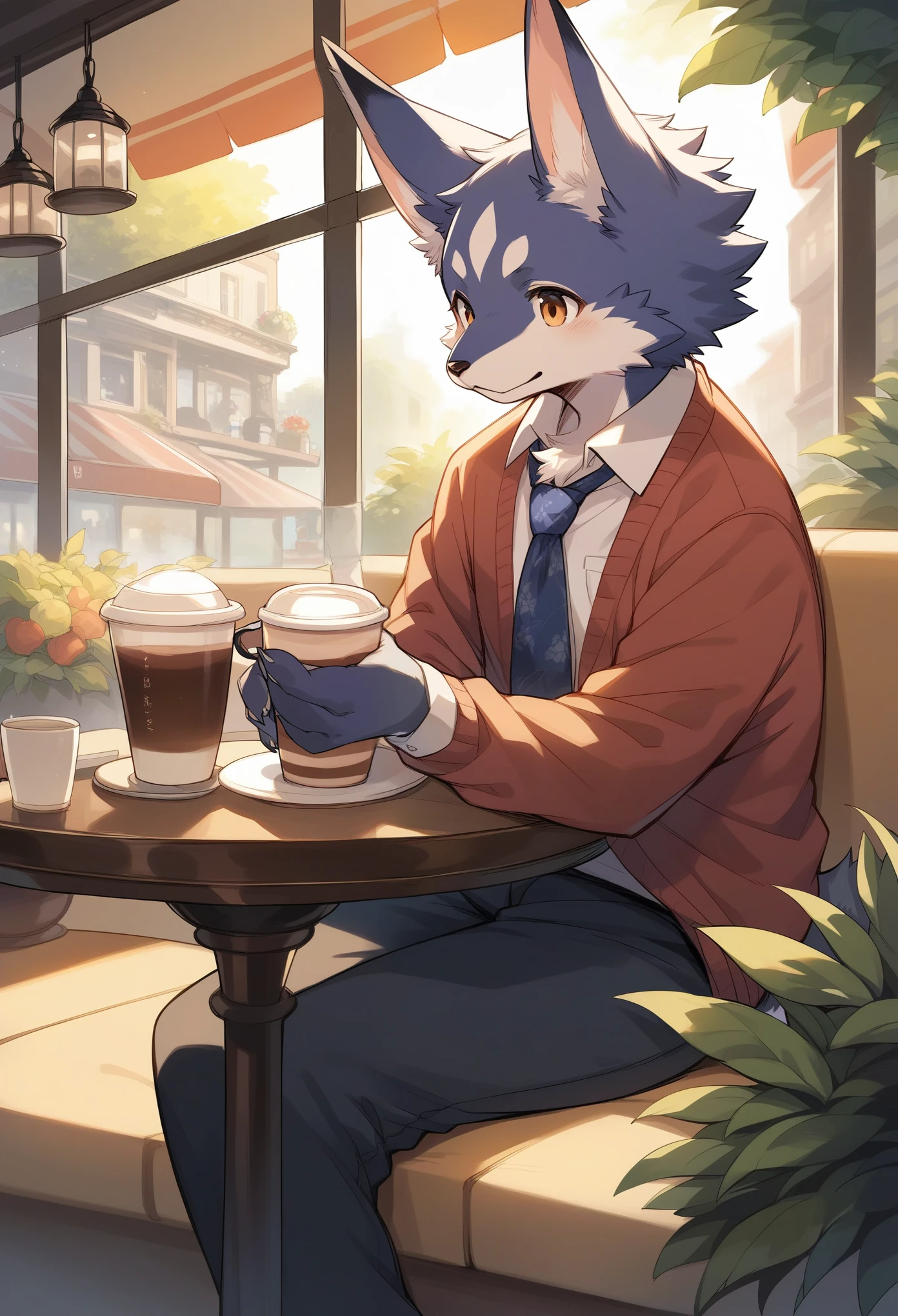 rating_safe, score_9, score_8_up, score_7_up, score_6_up, score_5_up, score_4_up, hires, source_furry, cover page, cafe, Terrace, drink, coffee, staff, absurdres, perfect anatomy, expression, good lighting, cinematic shadow(kemono, furry anthro),