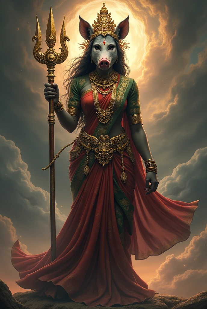 "Create an ultra-realistic image of Goddess Varahi, emphasizing her extreme beauty and divine power. She should have a small boar's head, seamlessly integrated with her skin tone, giving her a unique yet graceful appearance. Her facial features should be soft yet fierce, with large, expressive eyes that radiate wisdom, strength, and compassion. The boar’s head should be delicately proportioned, blending harmoniously with her human body to symbolize her protective and powerful nature.
Goddess Varahi should be adorned in a richly embroidered saree in deep red or dark green, symbolizing her connection to the earth and her role as a protector. The saree should be intricately decorated with gold patterns and divine symbols, highlighting her regal and divine status. Her jewelry should be luxurious and detailed, with heavy necklaces, bangles, and earrings that shimmer with divine light, enhancing her majestic appearance.
Only two hands. holding a **hala** (plough), a symbol of agriculture, fertility, and strength, representing her nurturing aspect as well as her power to clear obstacles. The background should be a celestial and powerful scene, perhaps with a dark sky and swirling clouds, illuminated by a divine light that emphasizes her fierce beauty and protective energy. The overall image should capture the essence of Goddess Varahi’s extreme beauty, strength, and divinity, presented in a highly realistic and detailed manner."