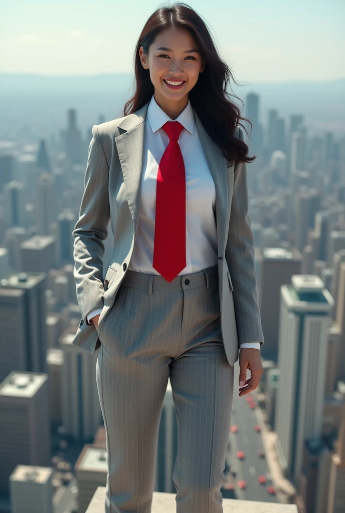 Aerial view of massive city, looking down from above, young adult, curvy, a pair of huge breasts, slim, light grey pinstriped suit, white tailored shirt, (large red necktie, tied in Windsor knot) waist-length hair,Wearing a pair of red platform heels,distance shot, A look of enjoyment, Beautiful appearance, smile, (view from space) giga giantess