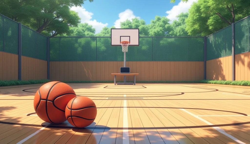 a Japanese school basketball court. the floor is wooden, the court is empty without any people; there are 2 basketball balls on the floor, and there is a table outside the court with a laptop; masterpiece, super detailed. image from 30-degrees angle,