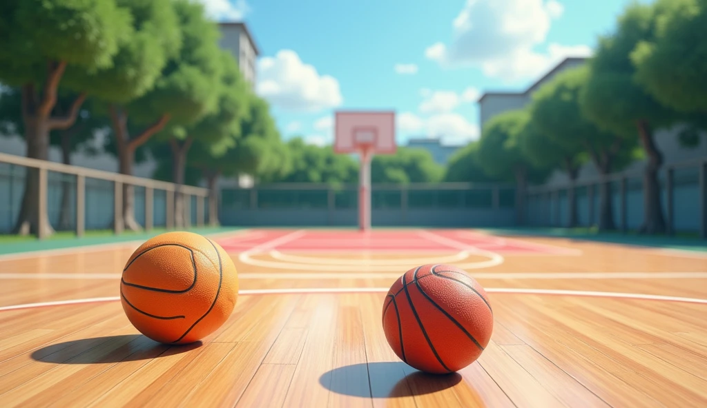 a Japanese school basketball court. the floor is wooden, the court is empty without any people; there are 2 basketball balls on the floor, and there is a table outside the court with a laptop; masterpiece, super detailed. image from 30-degrees angle, 