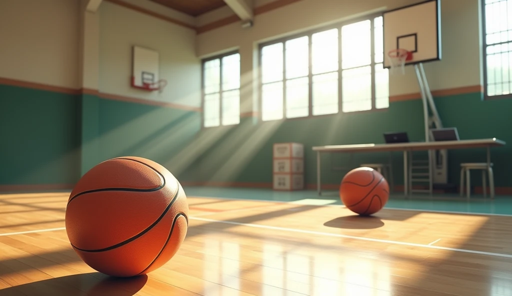 a Japanese school basketball court. the floor is wooden, the court is empty without any people; there are 2 basketball balls on the floor, and there is a table outside the court with a laptop; masterpiece, super detailed. image from 30-degrees angle,