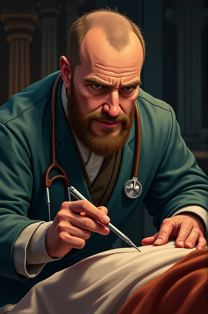 The"A close-up of Nikolay Pirogov, the Russian doctor, holding medical tools with a determined expression as he prepares to treat the injured monk; detailed cartoon rendering with dramatic shadows."picture ratio 9:16