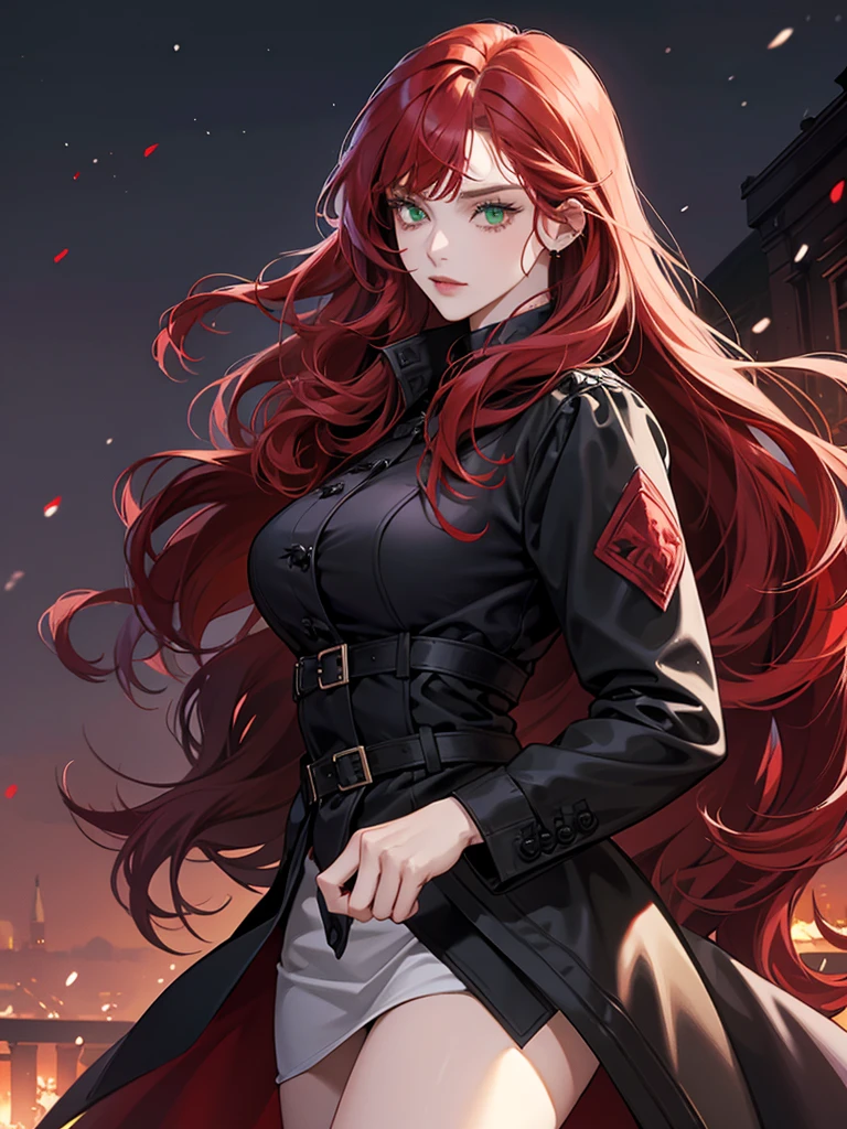 a mature woman, green eyes, red hair with long bangs, noble, mafia. sadistic women, wavy long hair. wear black purple winter jacket. strong woman. background in mansion