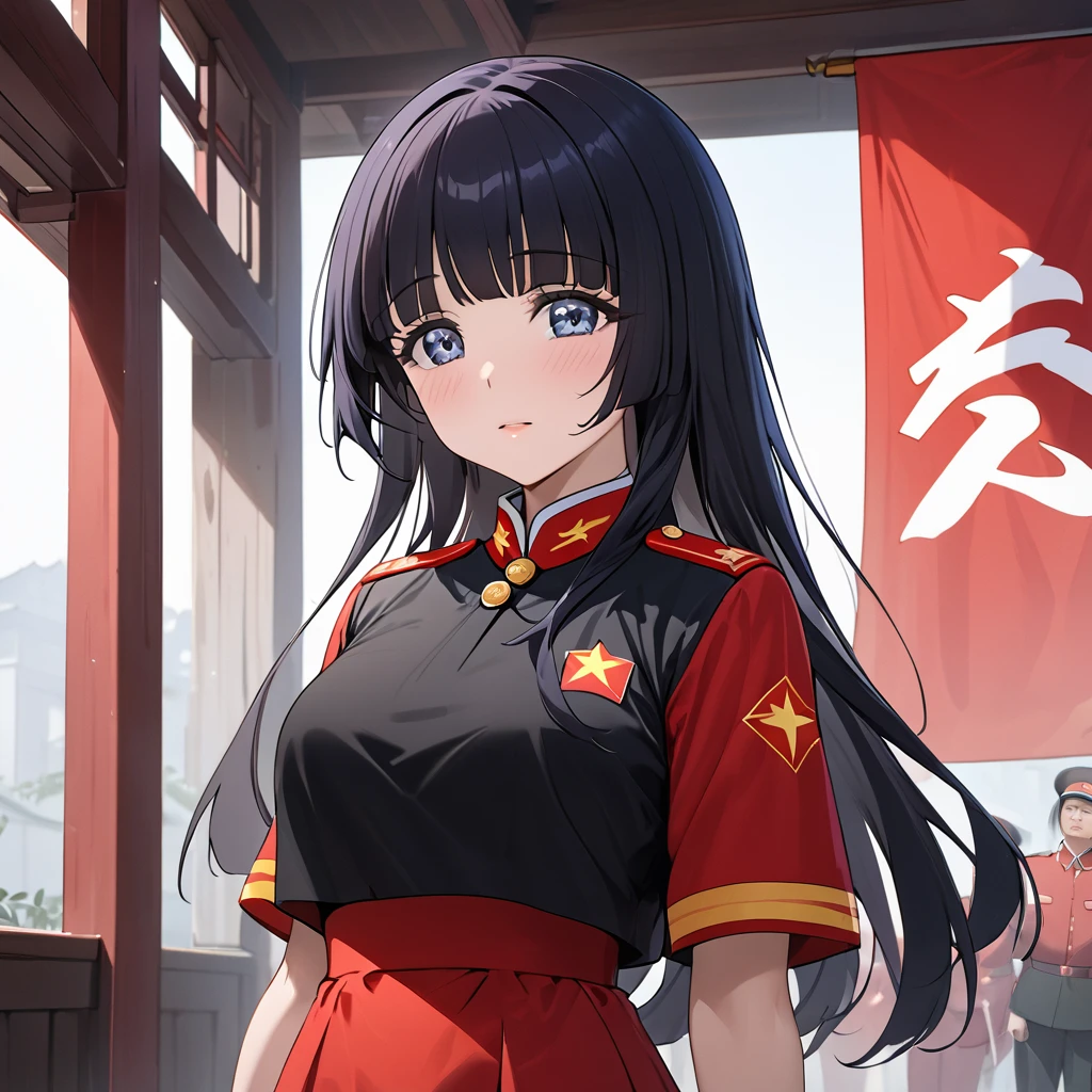 ((Highest quality)), ((masterpiece)), (detailed), (Perfect Face)、The woman is Aoki Reika, has medium-long hair, and is a follower of the Chinese Communist Party.、The woman abandoned her Japanese identity, swore loyalty to China, dedicated her body and soul to the Chinese Communist Party, and vowed to live as a Chinese person. She became the wife of a Communist Party official and became a Chinese person.、The woman has become a full-fledged member of the Chinese Communist Party, dresses in Communist Party clothing, and stands by her husband, a Communist Party official.