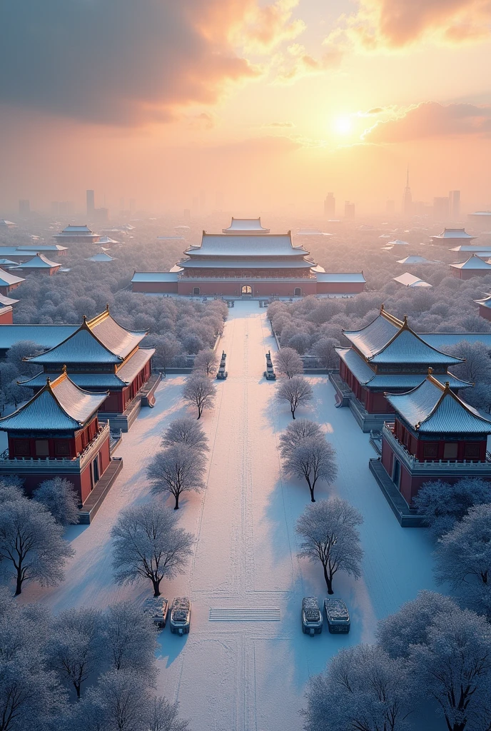 A stunning aerial view of snow-capped Square in Beijing, a magnificent winter scene, detailed snow-covered landscape, expansive square, historic architecture, dramatic lighting, cinematic composition, vivid colors, atmospheric haze, serene and peaceful atmosphere, (best quality,8k,highres,masterpiece:1.2),ultra-detailed,(realistic,photorealistic,photo-realistic:1.37),landscape,winter,cityscape,architectural,cinematic,dramatic lighting,atmospheric