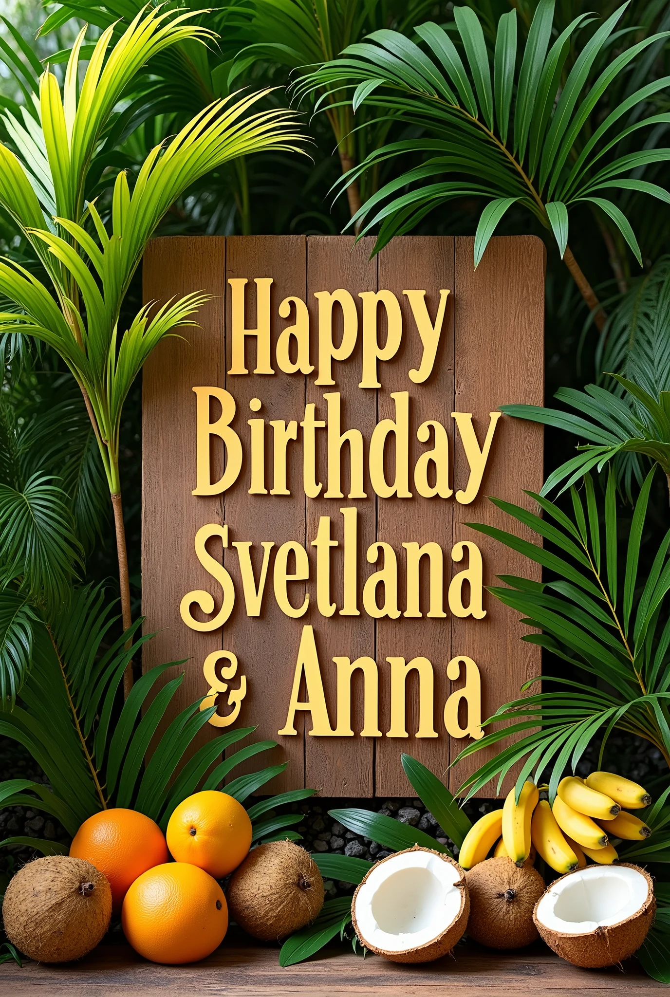 A breathtaking and inspiring photo of a wooden sign filled with bright colors and palm tree leaves. The sign features bold, uplifting phrases : “ Happy Birthday Svetlana & Anna”. Pampas branches, palm trees, coconuts and bananas adorn the sign, and each showcases its unique beauty. The warm wooden background accentuates the bright colors and typography of the sign, creating an atmosphere of hope and encouragement that resonates with viewers., bright, photo, typography

