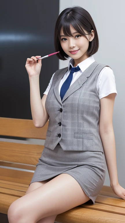 Very realistic and clear photos,Anatomically accurate body,The correct five fingers,Japanese,1 mature woman, Age 35,Slightly larger breasts,slightly larger hips,Just a little fat,Translucent white and delicate skin,The eyes are small,Neat and clean beauty,Married and settled,Bob or short hair,Wearing a ring on the left ring finger,office worker, receptionist, (White and grey checked vest:1.2) (Navy pencil skirt) bow tie, High heels,sitting on a park bench,Very attractive thighs extending from the skirt,Spread your legs,/(Black Hair/) bangs, A gentle blushing smile, (Masterpiece Top quality:1.2) Delicate illustrations, super detailed, Detailed Background,Full body photo from toe to head