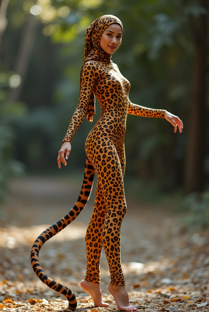 The beautiful,slender thin and clever Malaysian muslimah adult female girl with beautiful cheeks wears margay animal print costume lycra turtleneck unitard catsuit covered with patterns and margay print lycra elastane stretchy dancewear hijab covered with patterns with ears.She has her long tail.