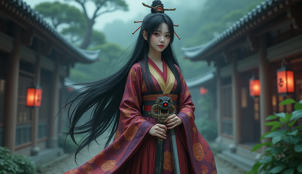 show off long legs,Create a photorealistic full-body image of a female character inspired by the medicine seller from 'Mononoke' in the 'Karakasa' arc, as if it were from a live-action adaptation. She has long, flowing black hair styled elegantly, and her face is adorned with traditional geisha-style makeup. Include the same sharp, artistic orange eye makeup with small red gems near the eyes, and a delicate pink lip color. She is holding a sword inspired by the Taima sword from a specific reference image, with intricate designs and a demonic face on the hilt. The woman is dressed in a traditional yet intricately designed kimono with rich, textured fabrics, blending deep reds, purples, and golds. The background depicts a traditional Japanese setting with a supernatural atmosphere, such as a haunted temple or a misty forest. The overall mood should be mysterious and eerie, capturing the full essence of the character in her environment.