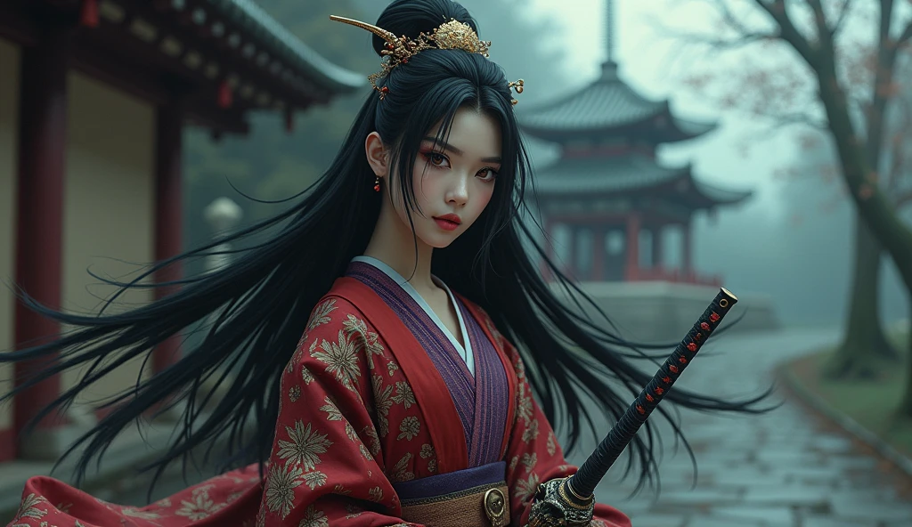 show off long legs,Create a photorealistic full-body image of a female character inspired by the medicine seller from 'Mononoke' in the 'Karakasa' arc, as if it were from a live-action adaptation. She has long, flowing black hair styled elegantly, and her face is adorned with traditional geisha-style makeup. Include the same sharp, artistic orange eye makeup with small red gems near the eyes, and a delicate pink lip color. She is holding a sword inspired by the Taima sword from a specific reference image, with intricate designs and a demonic face on the hilt. The woman is dressed in a traditional yet intricately designed kimono with rich, textured fabrics, blending deep reds, purples, and golds. The background depicts a traditional Japanese setting with a supernatural atmosphere, such as a haunted temple or a misty forest. The overall mood should be mysterious and eerie, capturing the full essence of the character in her environment.