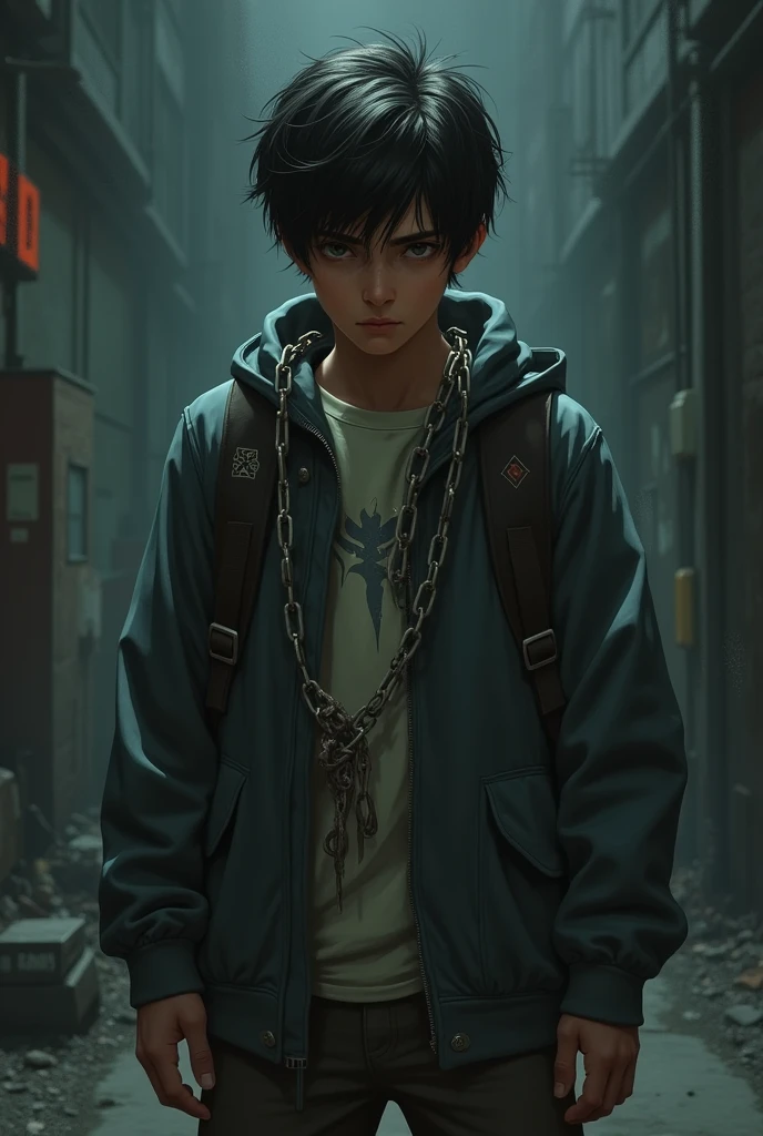 A teenager boy who is tired with chains 
