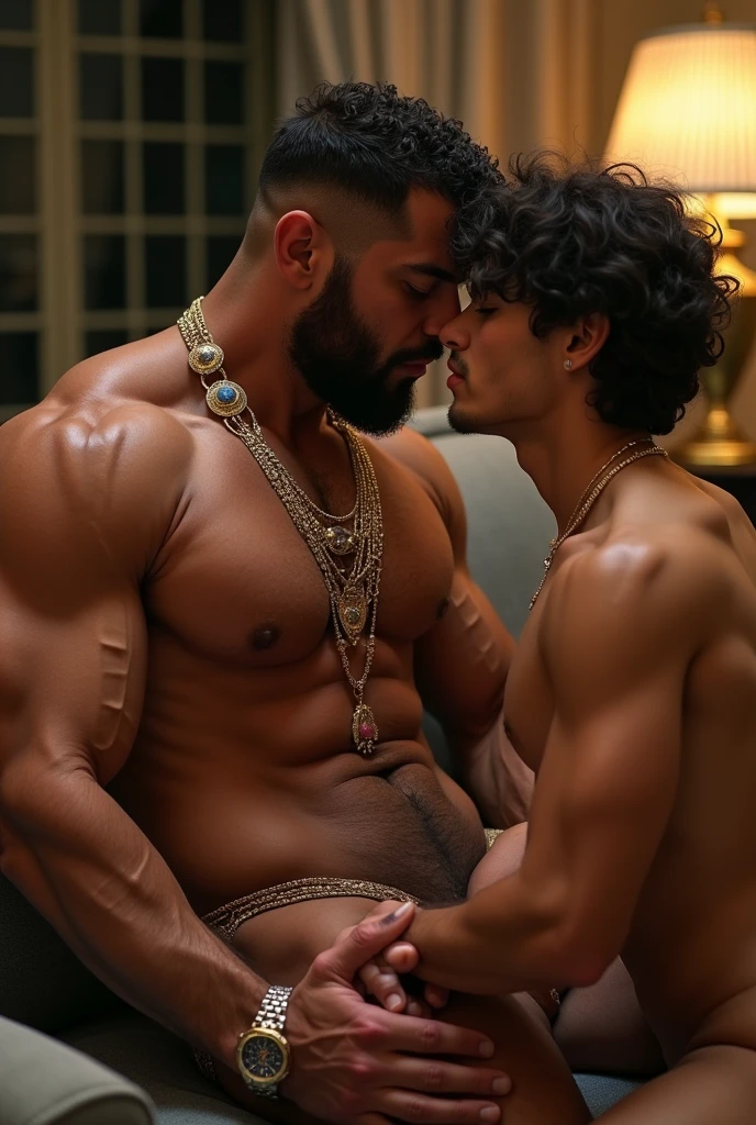 Full body bodybuilder porn actor amalgamation, dj, rapper, billionaire, Zyzz com Jeff Seid, Brice Akuesson e Ronnie Coleman , Golden diamond silver chain, Patek watch, 8-bud abdomen, big 25 cm penis full body in tanga muy borracho dormido y siendo manoseado por un passionate adolescente gay man muy muy delgado y aprovechandose del bodybuilder manoseando todo el cuerpo, besando en la boca y masturbando al bodybuilder, en un sofa de una sala, gay scene, gay sexy.