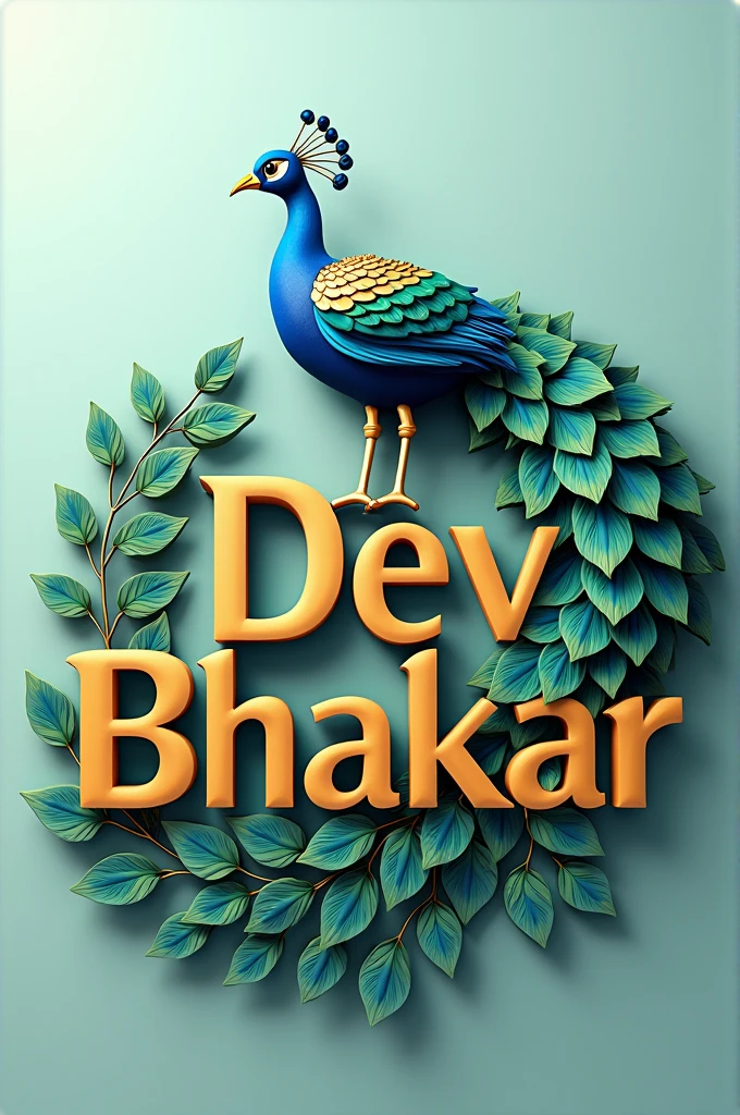 

"A beautifully stylized 3D design of the name 'DEV BHAKAR' in large, elegant letters. The text is crafted with a combination of smooth curves and bold edges, resembling a mix of classic and modern typography. A vibrant peacock is perched atop the letters, with its intricate tail feathers cascading down and around the text. The peacock features a mix of rich blues, greens, and teal colors, with golden accents in its feathers. The overall composition has a luxurious and artistic feel, with a soft gradient background that complements the colors of the peacock and the text."
