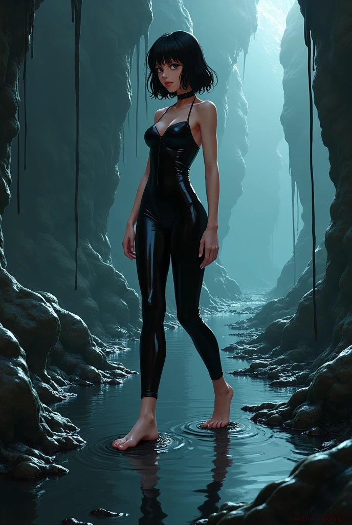 Anime girl eighteen years old barefoot, wearing black latex clothing, in latex pants with a collar in profile. She walks barefoot through the sticky black slime.