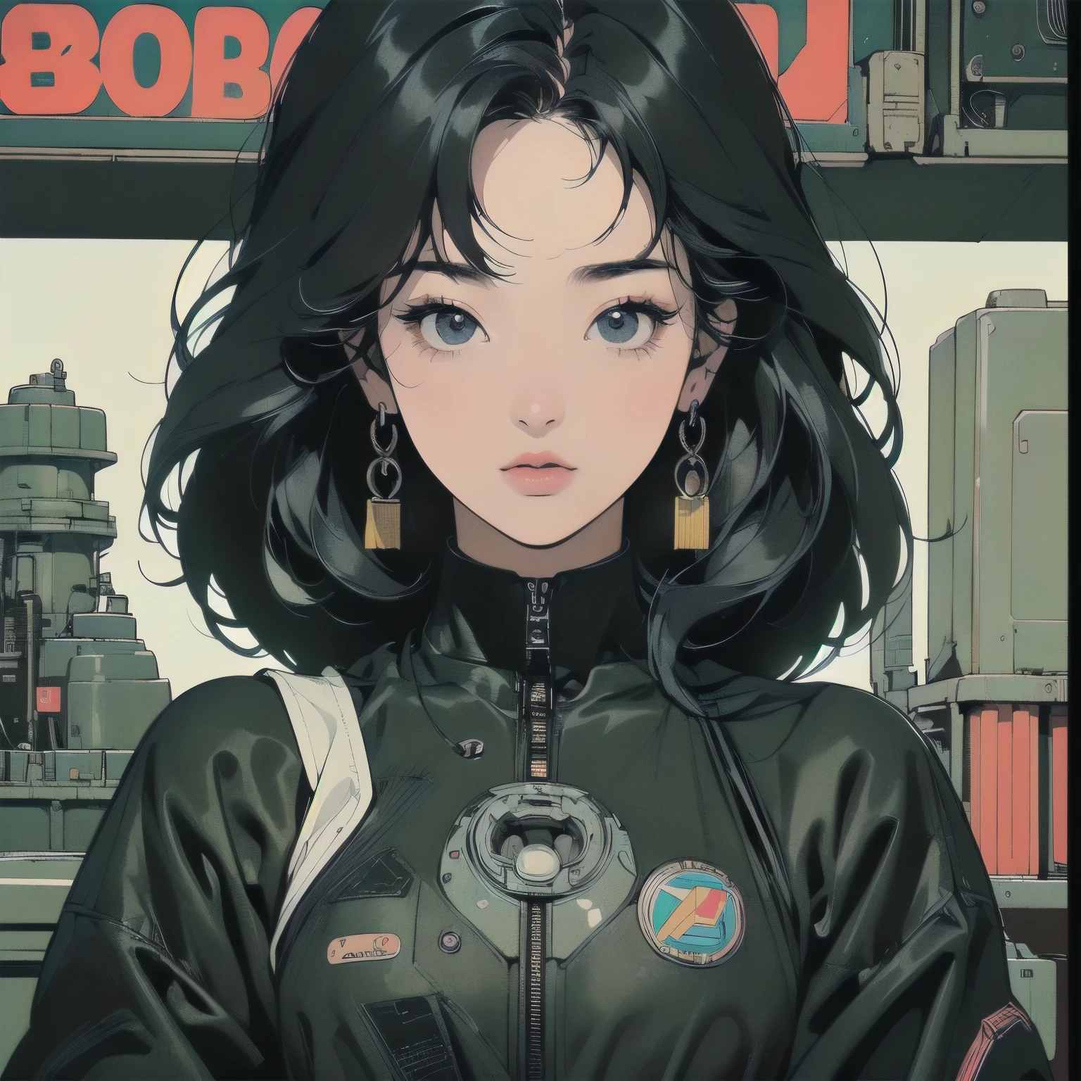 (((masterpiece, Highest quality)))、(((32K Wallpapers)))、The most detailed black machine、((Outdated black machinery and a woman)))、The most detailed background、(((Flat Chest)))、(((Surrounded by many complex, sophisticated, Outdated black machinery)))、Upper Body、 (one person:1.2), ((Overall colorfully))、A perfect Outdated black machinery、(((Perfect Face)))、(((The most complete Outdated black machinery)))、Detailed Hair、(((white space suit)))、(((a lot of billboard))), (((Lots of cables)))、(((黒いコンクリートの壁)))、Close-up、Colorful hair colors、(((手は下に下げる)))
