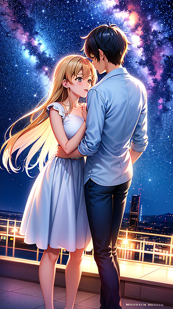 anime couple kissing under the stars in the sky, cosmic skies. by makoto shinkai, ( ( makoto shinkai ) ), anime sky, your name, guweiz and makoto shinkai, makoto shinkai cyril rolando, anime movie background, makoto shinkai. —h 2160, kimi no na wa