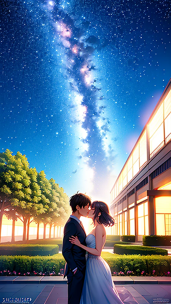 anime couple kissing under the stars in the sky, cosmic skies. by makoto shinkai, ( ( makoto shinkai ) ), anime sky, your name, guweiz and makoto shinkai, makoto shinkai cyril rolando, anime movie background, makoto shinkai. —h 2160, kimi no na wa