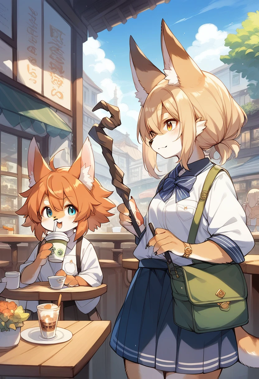 rating_safe, score_9, score_8_up, score_7_up, score_6_up, score_5_up, score_4_up, hires, source_furry(kemono, boy, girl)cafe Terrace, drink, coffee, staff,