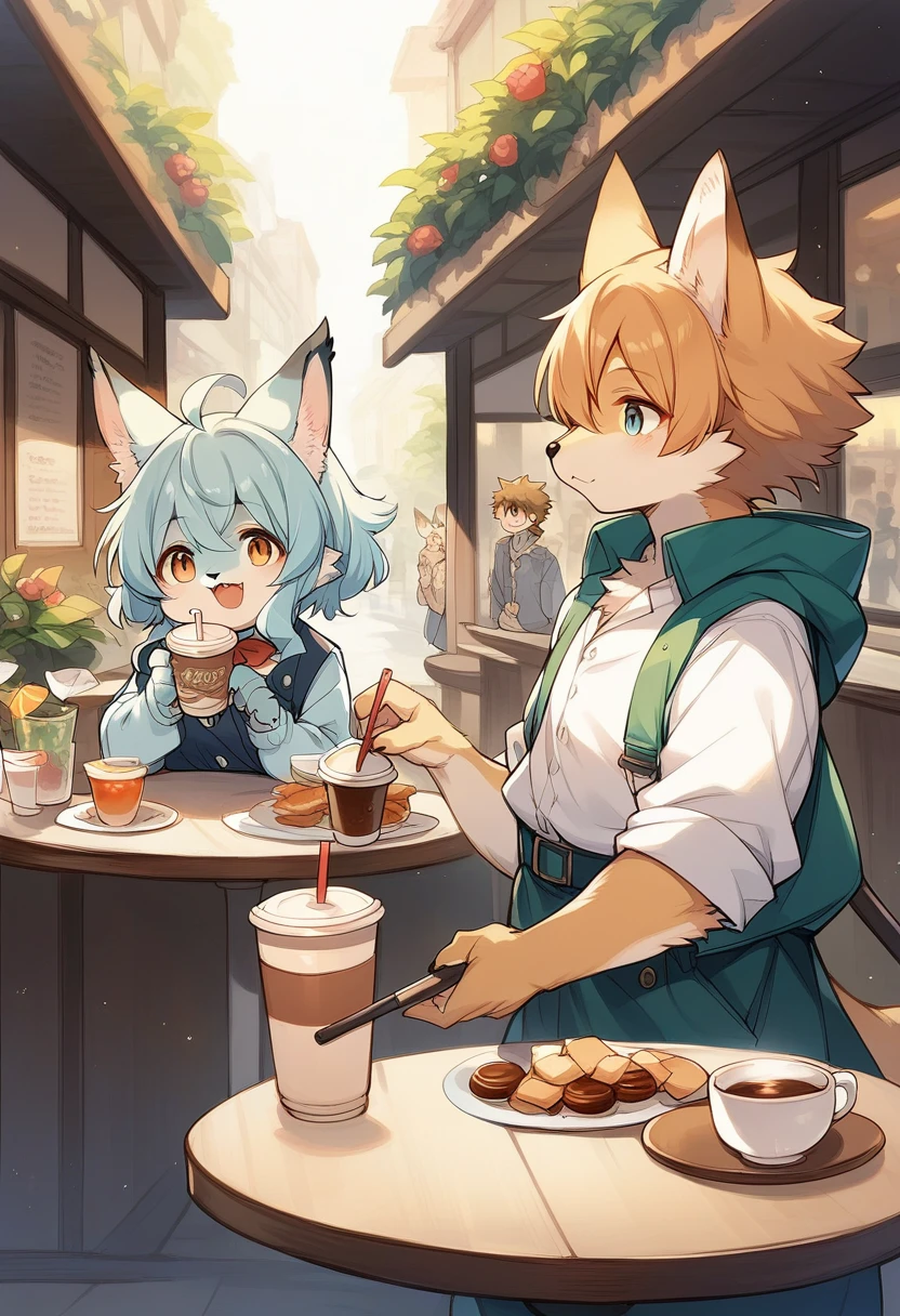 rating_safe, score_9, score_8_up, score_7_up, score_6_up, score_5_up, score_4_up, hires, source_furry(kemono, boy, girl)cafe Terrace, drink, coffee, staff,