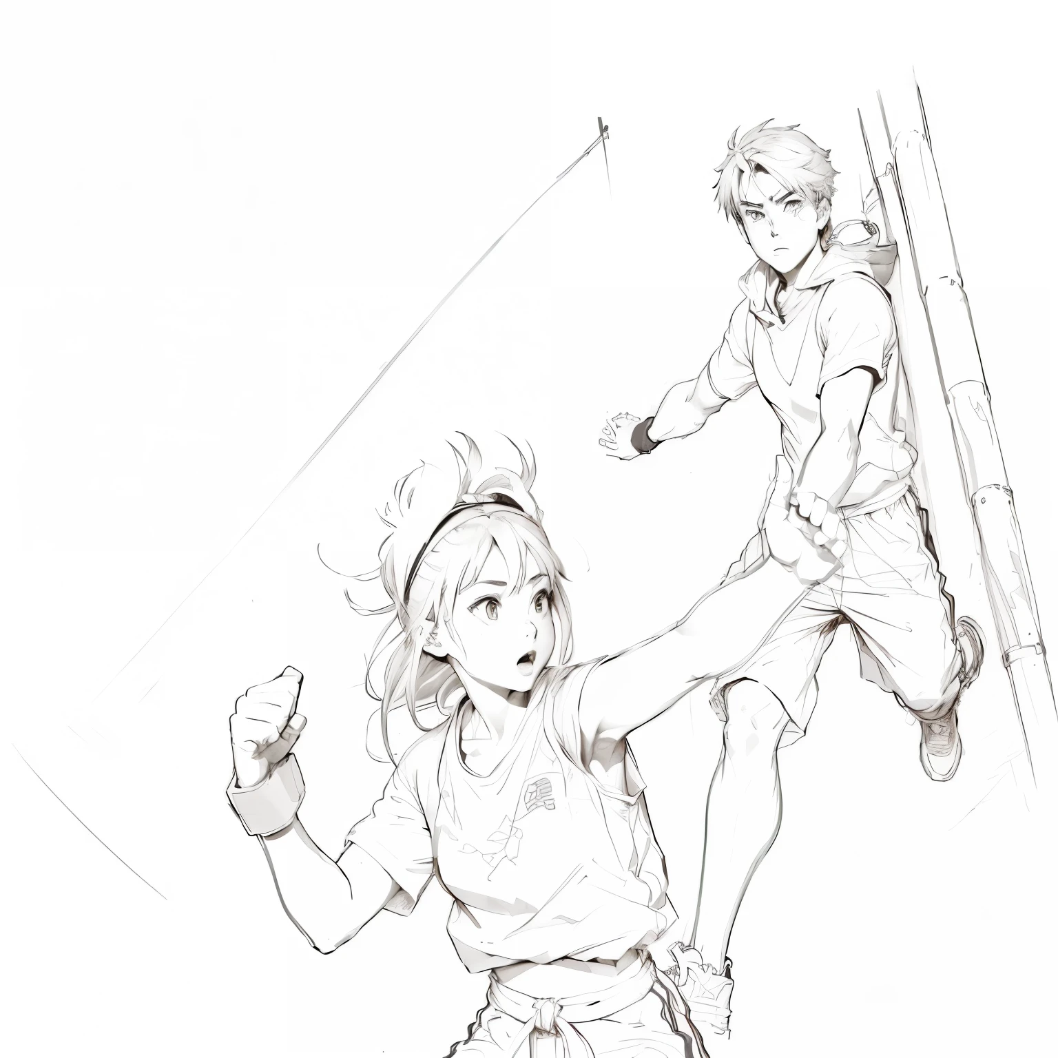 Sketch of boy and girl in martial arts pose, sketch, Rough, Full-page illustrations, keyframe illustration, Line Drawing, Concept works, Animated, Conceptual art for video games, author：Naka Bokunin, Official illustrations, Affected by Gran·Keen (Glen Keane) of inspiration, Explorer Sketch, Medium shot of two characters, Art at the art station, Sporty，running，On the playground