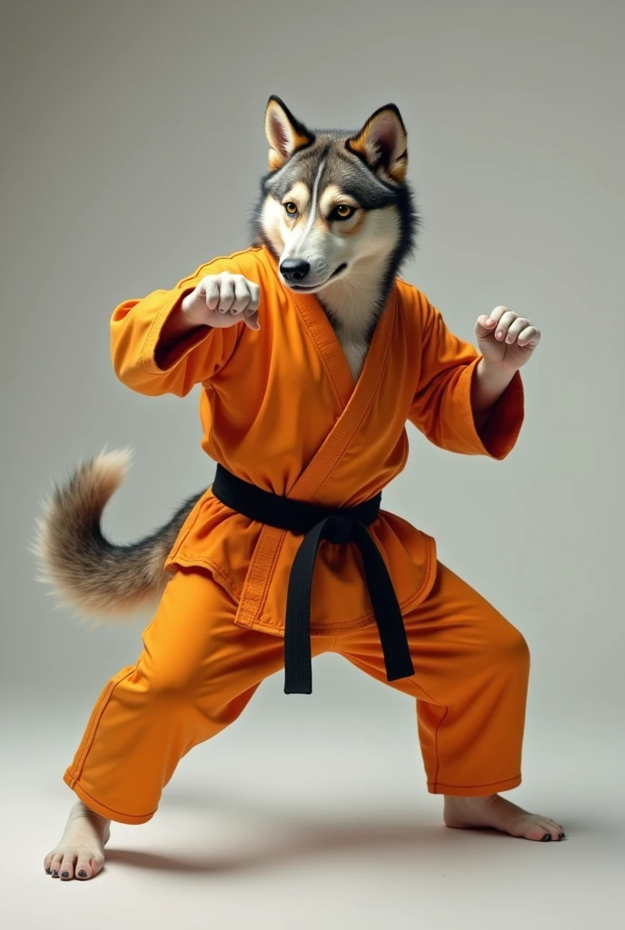 A Hmong bobtail dog. In mango colored martial arts pants. Doing Krav Maga