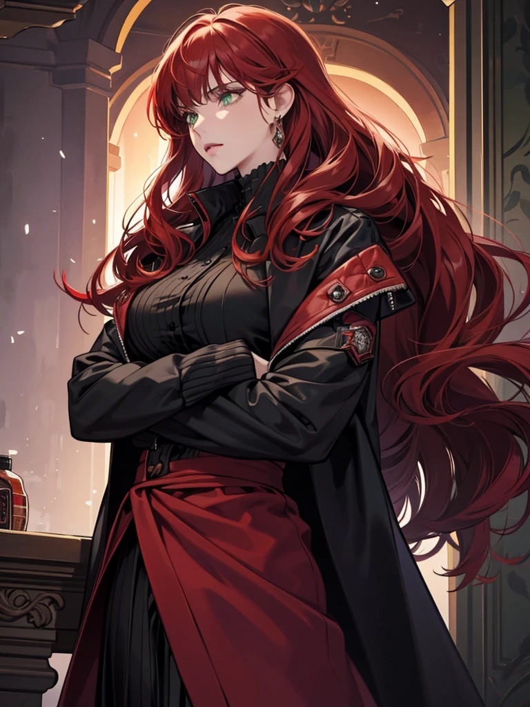 a mature woman, green eyes, red hair with long bangs, noble, mafia. sadistic women, wavy long hair. wear black purple winter jacket. strong woman. background in mansion