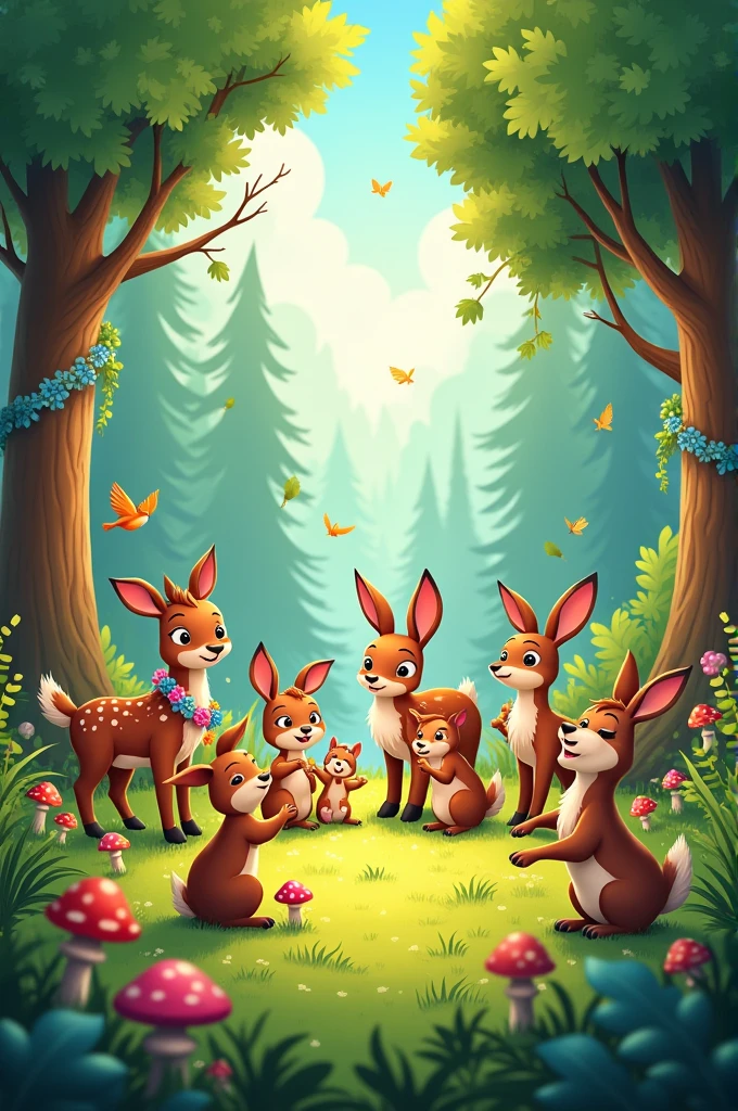 All the forest animals gathering around, celebrating with joy. They are singing, dancing, and having a feast together.landscape image
