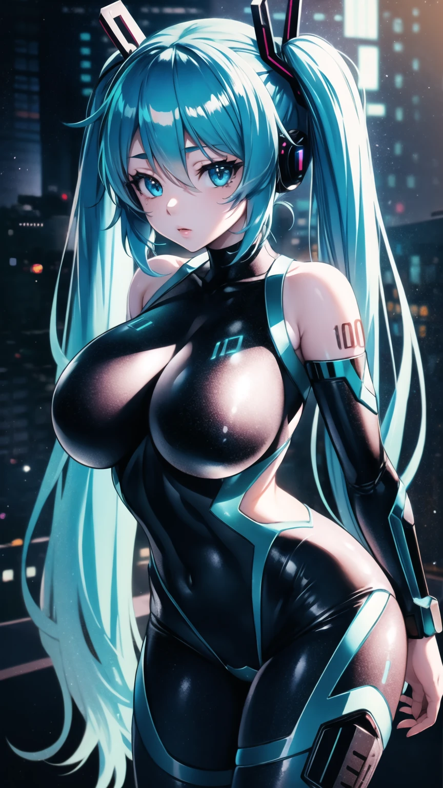 Hatsune Miku Vocaloid, Twin tails, Bright Blue Eyes, Light blue hair, tight, high-cut swimsuit, ((Taimanin Suit)), black tights、cyber punk, Ultimate Physical Beauty, Beautiful Eyes, Big Breasts, 8k CG, Highest quality, Best image quality