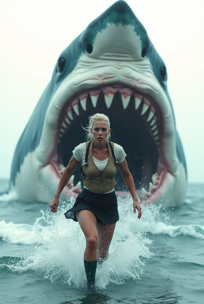 ((Highest quality)), ((photograph)), ((Sea surface)), ((Run and escape)), (One person), (Face of fear), (Women like bodybuilders), (Giant Jaws Storm), Off-white short-sleeved shirt with light brown vest、A muscular man with a bodybuilder-like build wearing a knee-length black skirt, dark green socks and black shoes.々Short-haired woman、A video of a man desperately swimming away from a large number of giant great white sharks.、Background is white、