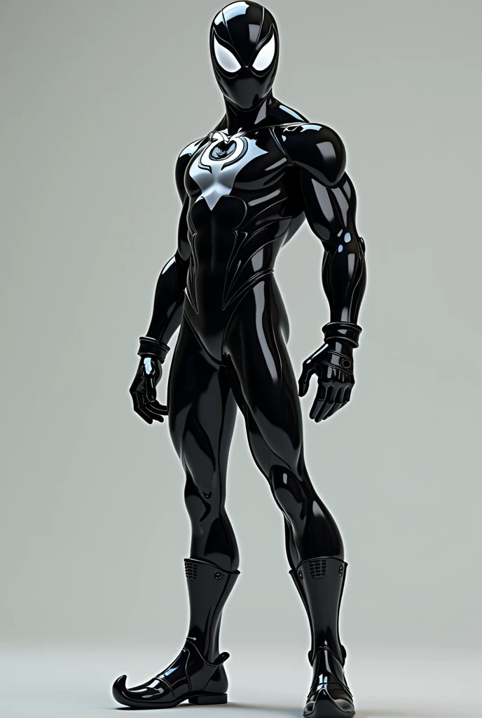 - **Color Principal:** negro.
- **style:** Glossy finish with a comic book touch.
- **mask:** Similar to Spider-Man's, but in black, with big white eyes.
- **Gloves and Boots:** negros con detalles que imitan el estilo de las caricaturas.
- **Additional Details:** Design for elasticity